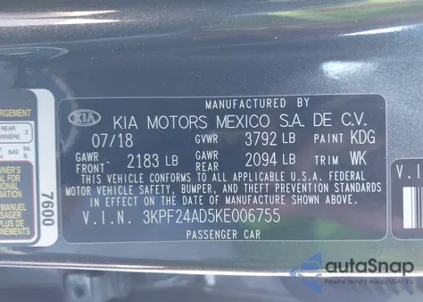 2019 Kia Forte Fe z USA, uszkodzony, nr VIN 3KPF24AD5KE006755